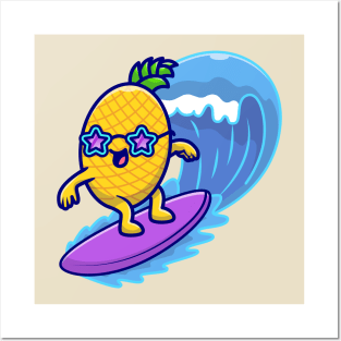 Cute Pineaple Surfing In The Sea Cartoon Posters and Art